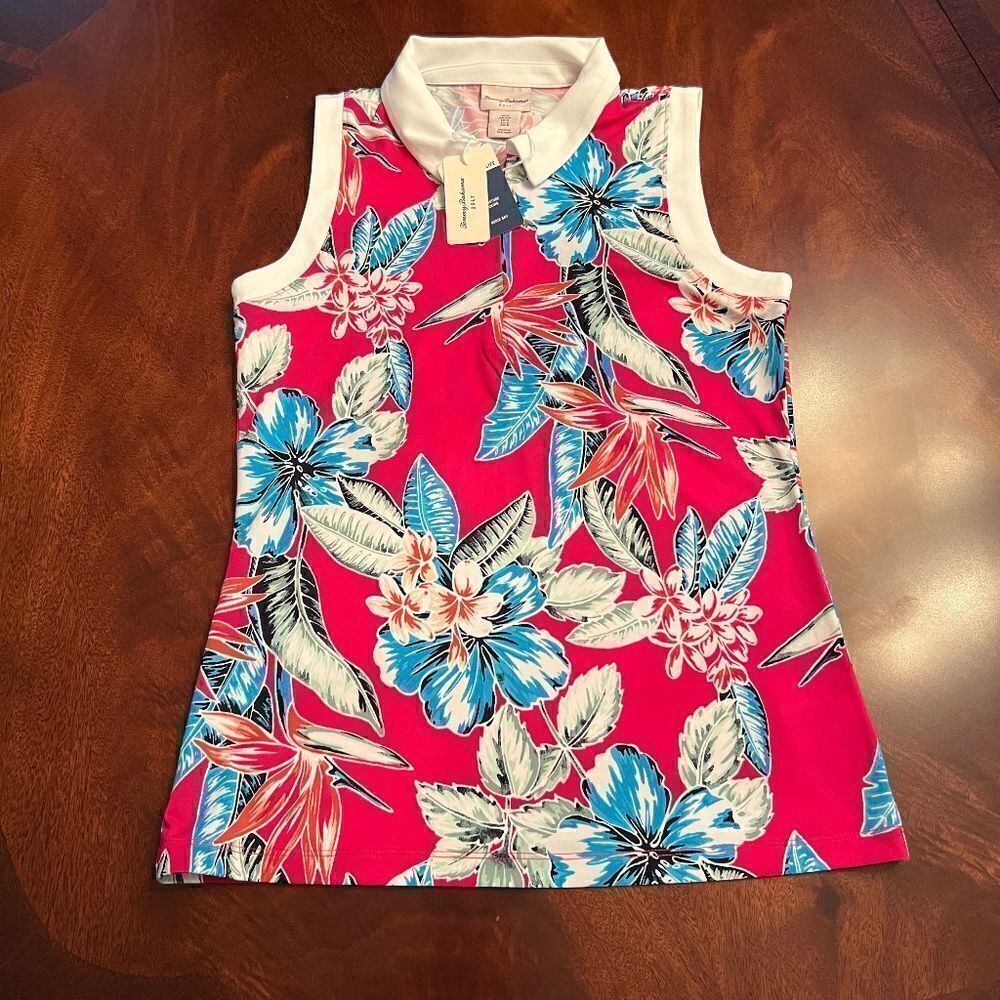 NWT Women's Tommy Bahama Pink Blue White Floral Golf Top Polo‎ Shirt Size SMALL